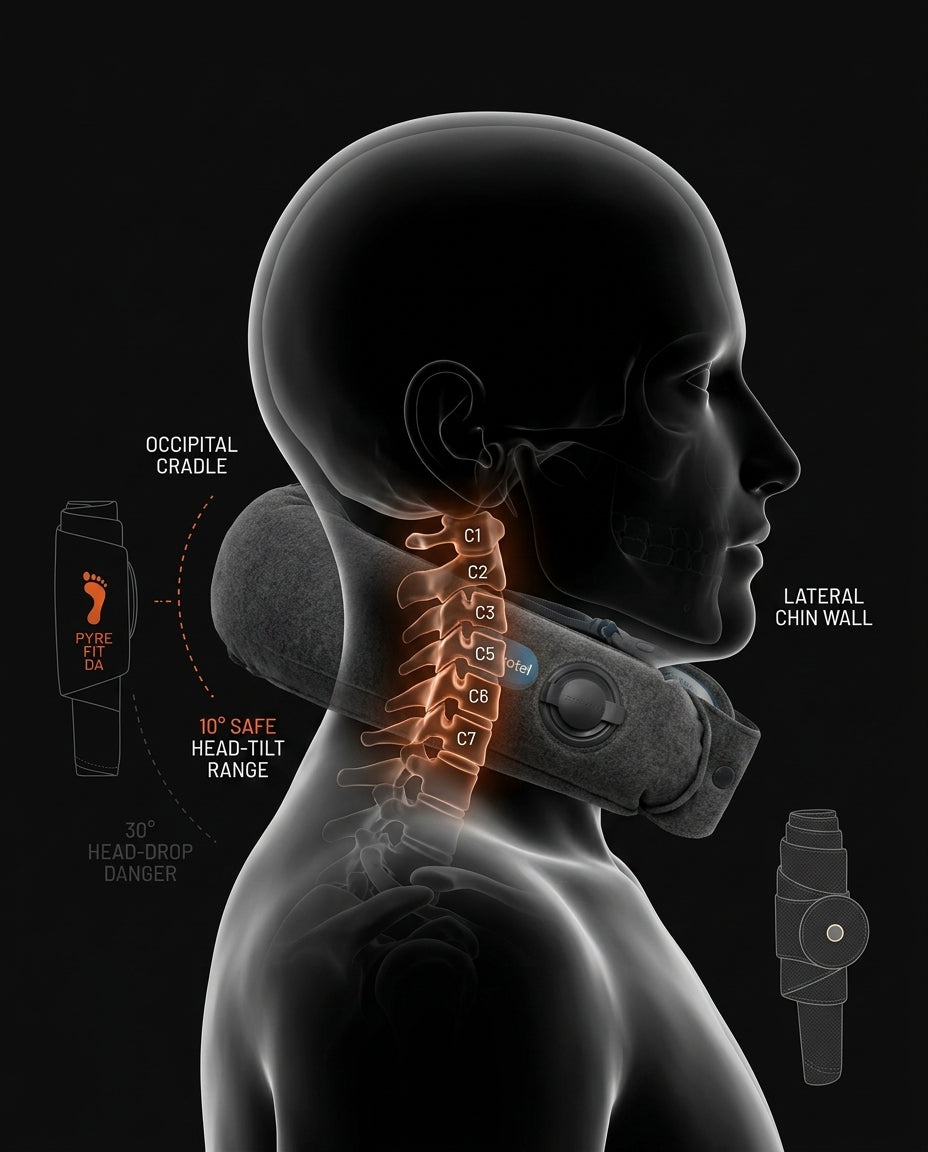 Anatomy diagram showing the travel pillow cradling and aligning the cervical spine