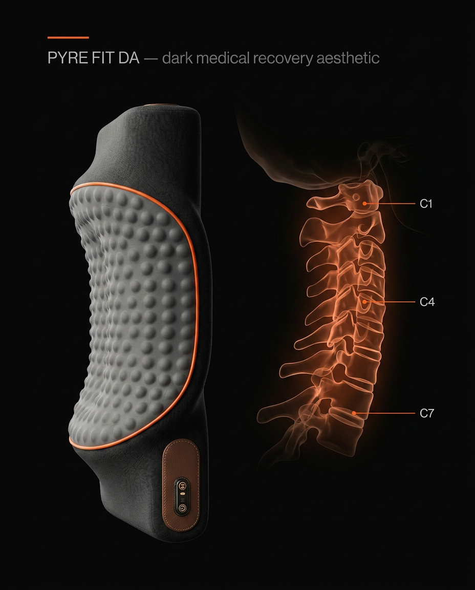 Cervical alignment diagram pairing the neck pillow with C1 to C7 spine anatomy