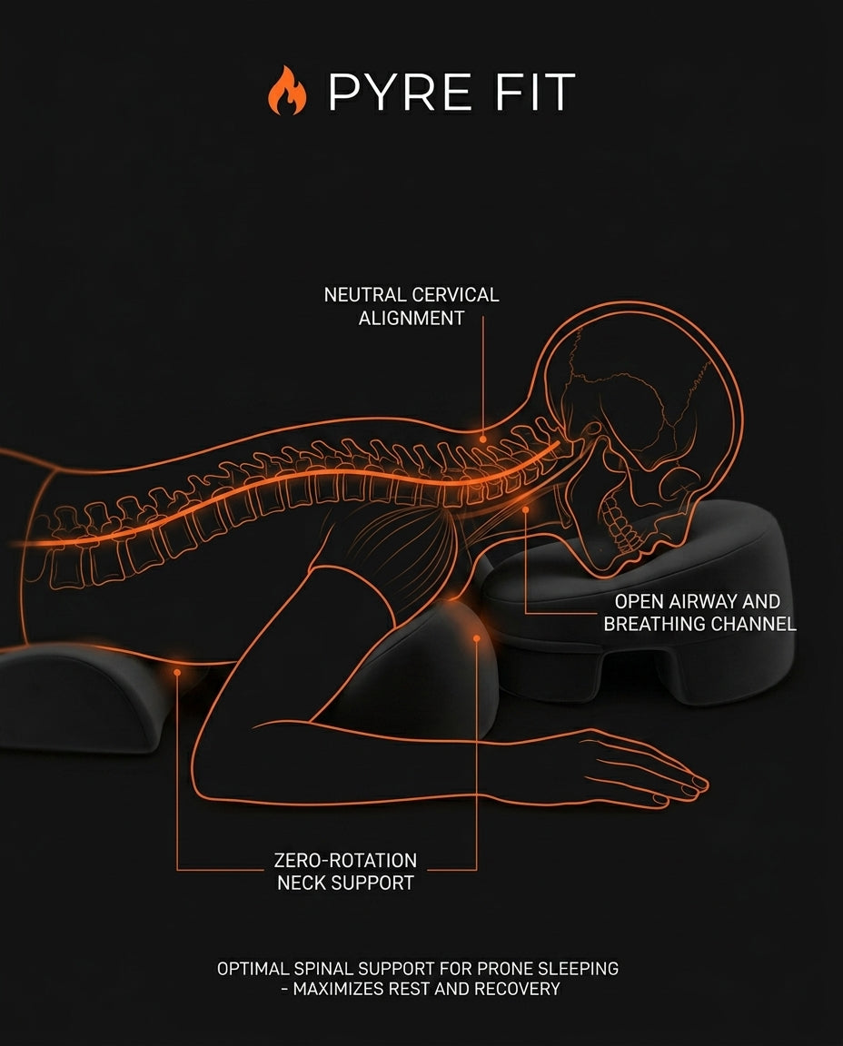 Diagram showing neutral cervical alignment and open airway when lying face-down