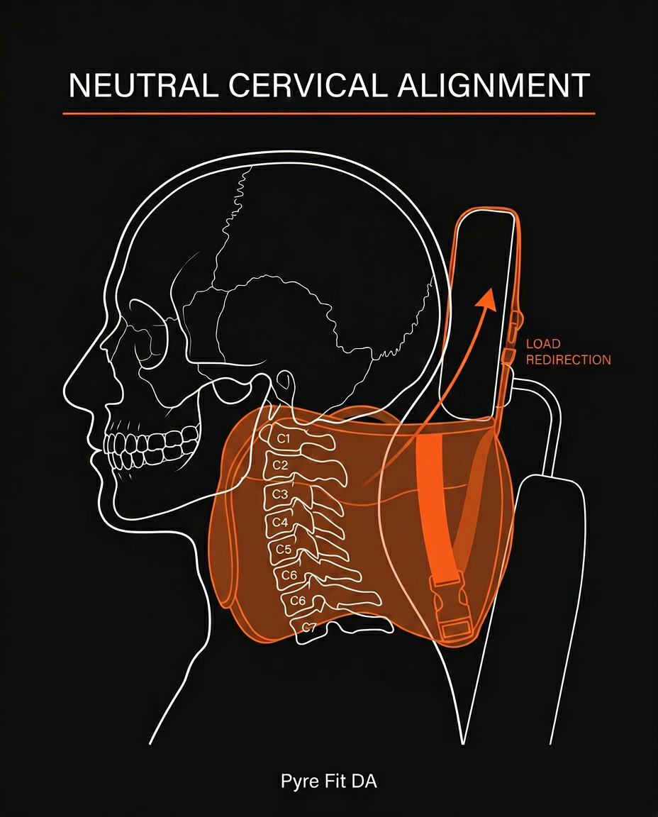 Diagram showing how the neck pillow keeps the cervical spine in alignment