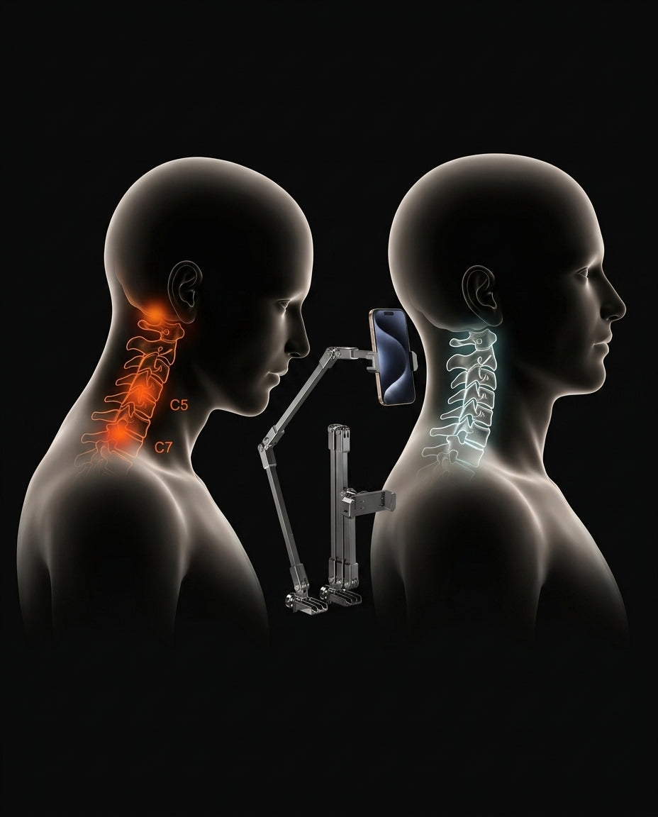 Cervical anatomy diagram comparing neck strain to neutral spine using the phone arm