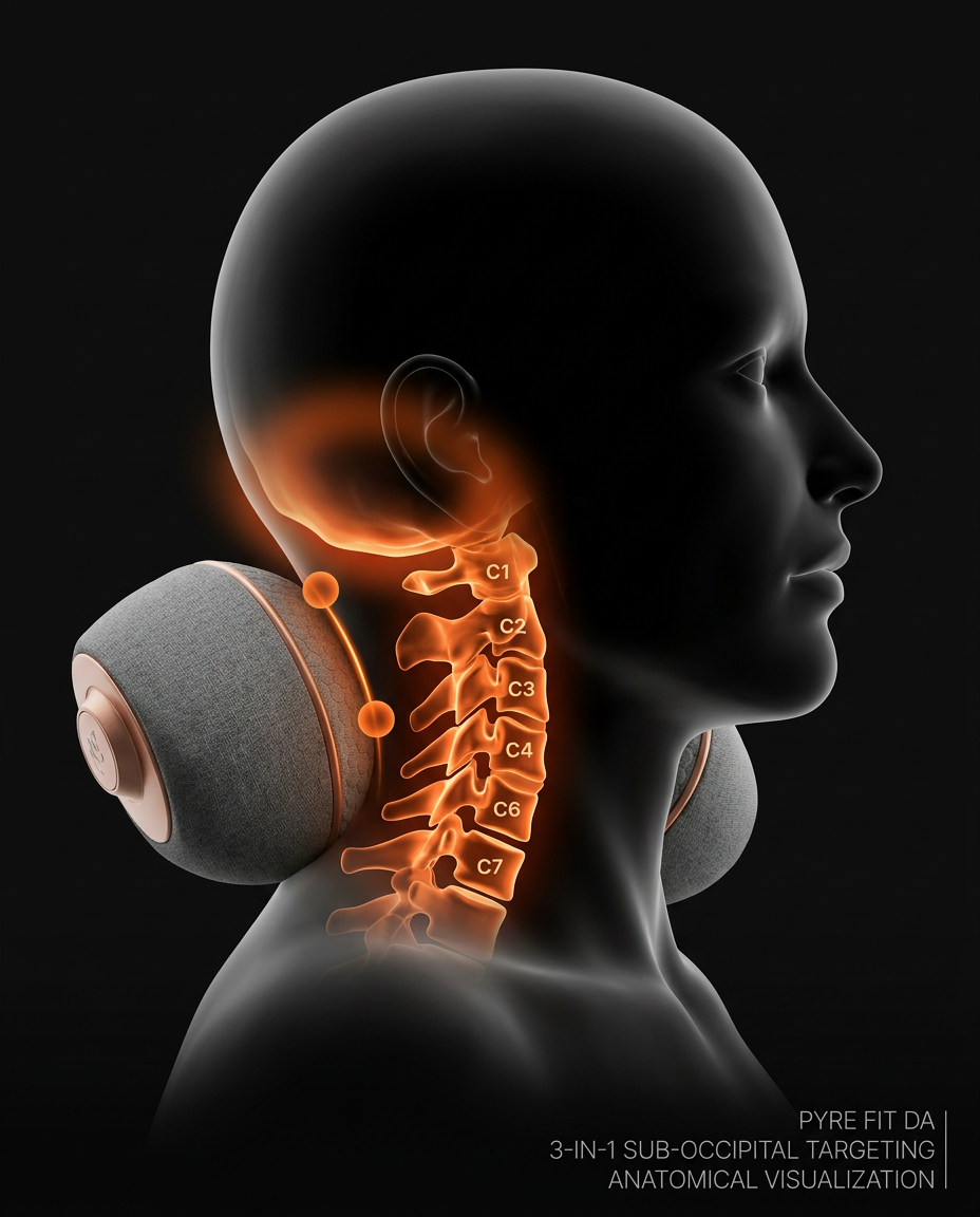 Anatomical diagram showing the neck pillow targeting the cervical spine