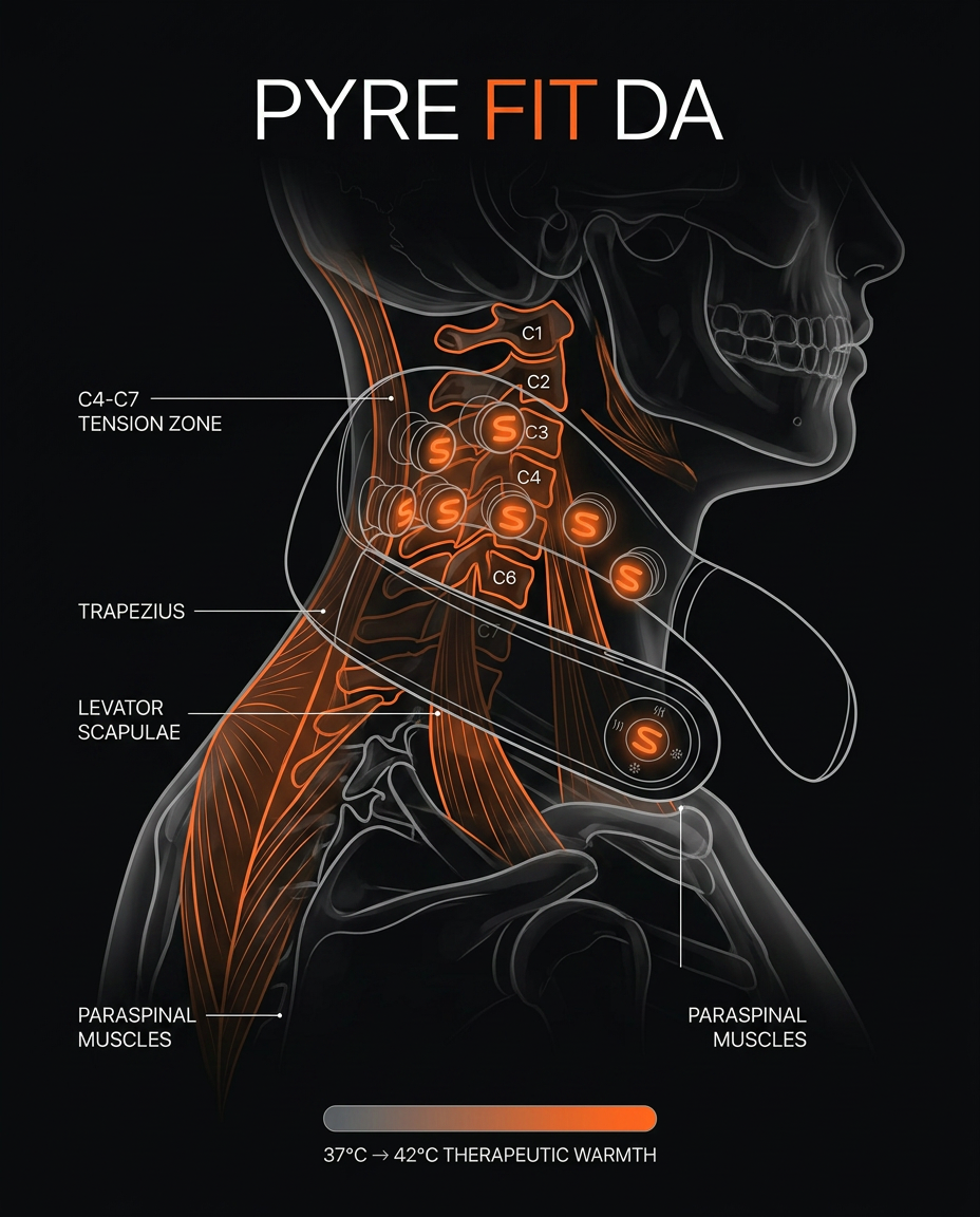 Cervical anatomy diagram showing neck massager warmth on trapezius muscles