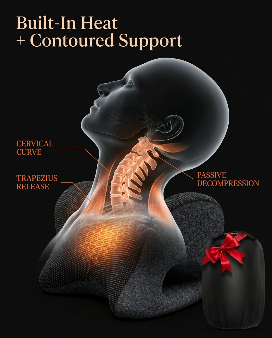 Cervical anatomy diagram showing the heated pillow supporting the neck curve