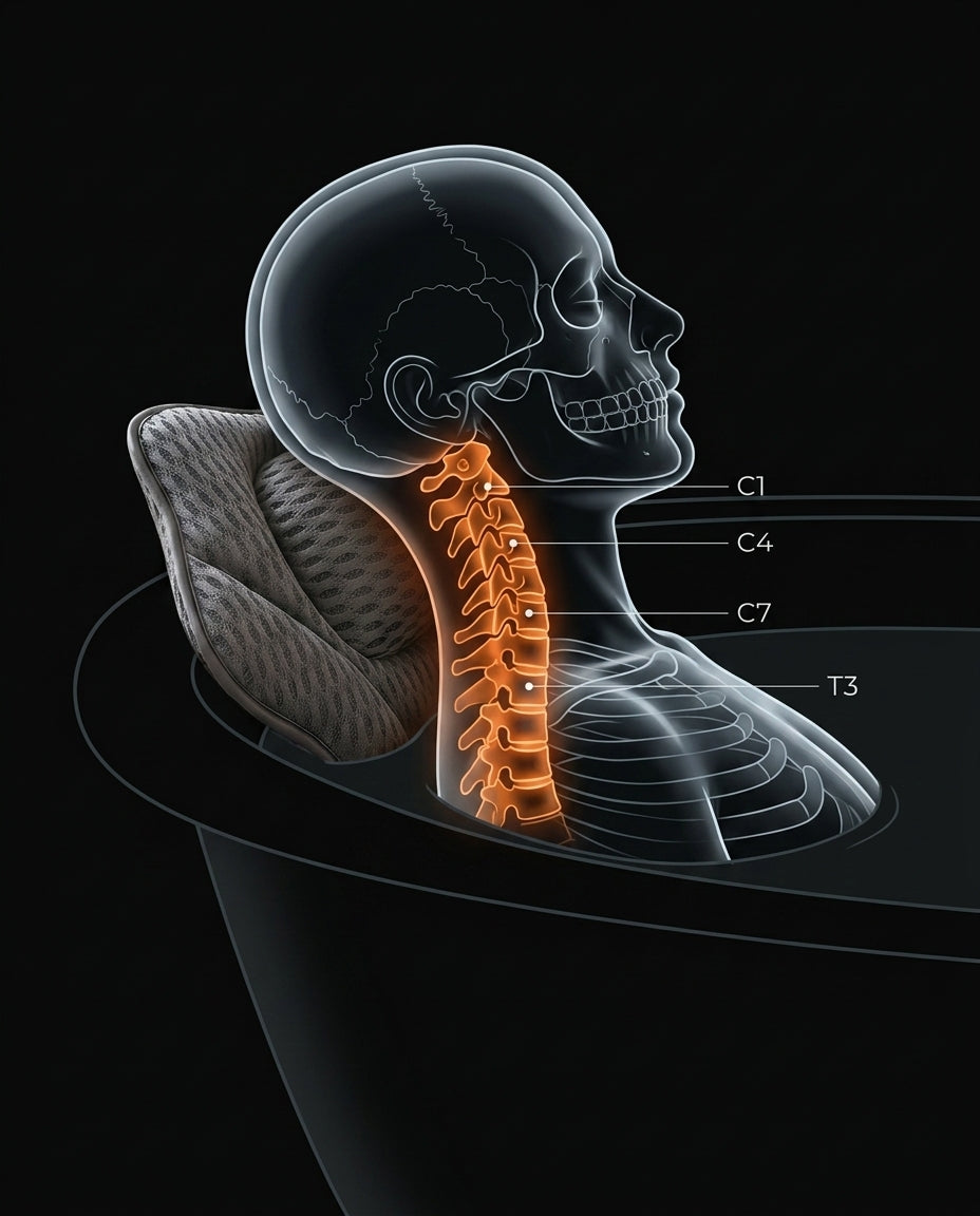 X-ray style diagram showing cervical spine support from the bath pillow in a tub