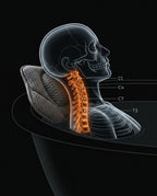 X-ray style diagram showing cervical spine support from the bath pillow in a tub