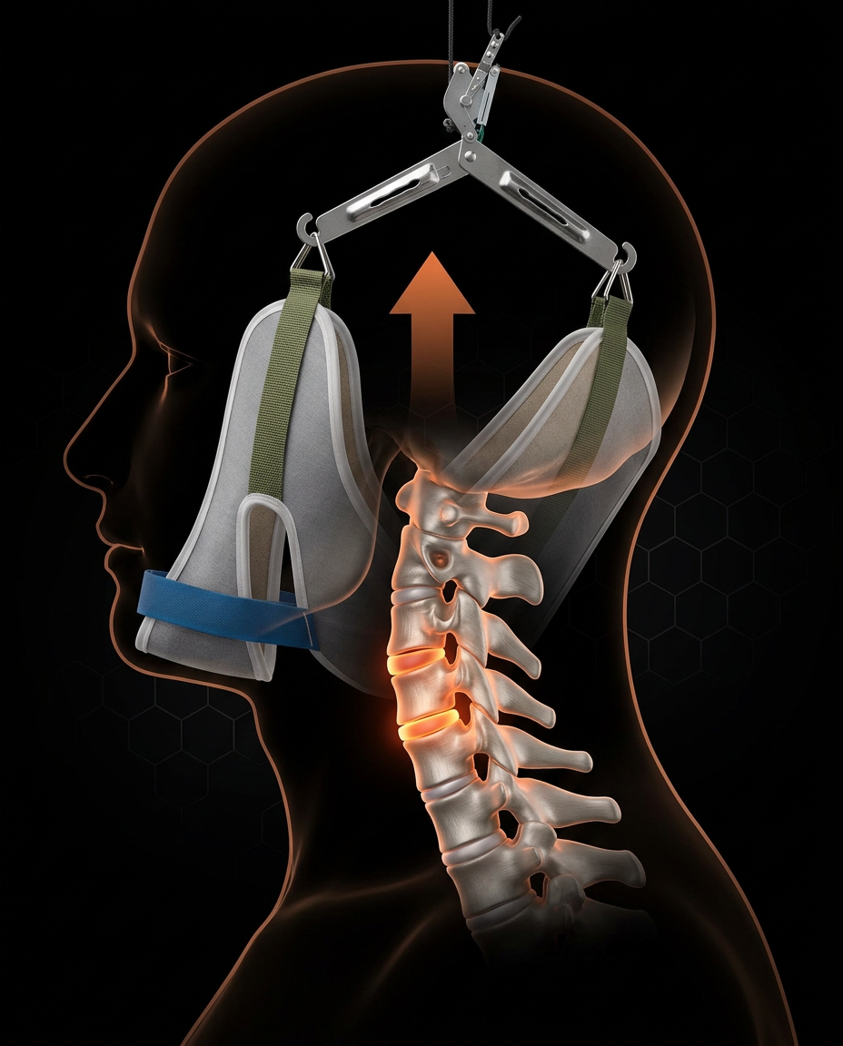 Anatomy diagram of cervical spine pressure relief as the halter lifts the head