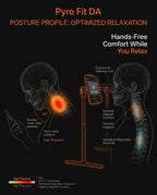 Posture diagram comparing tech-neck strain to neutral spine with the tablet stand