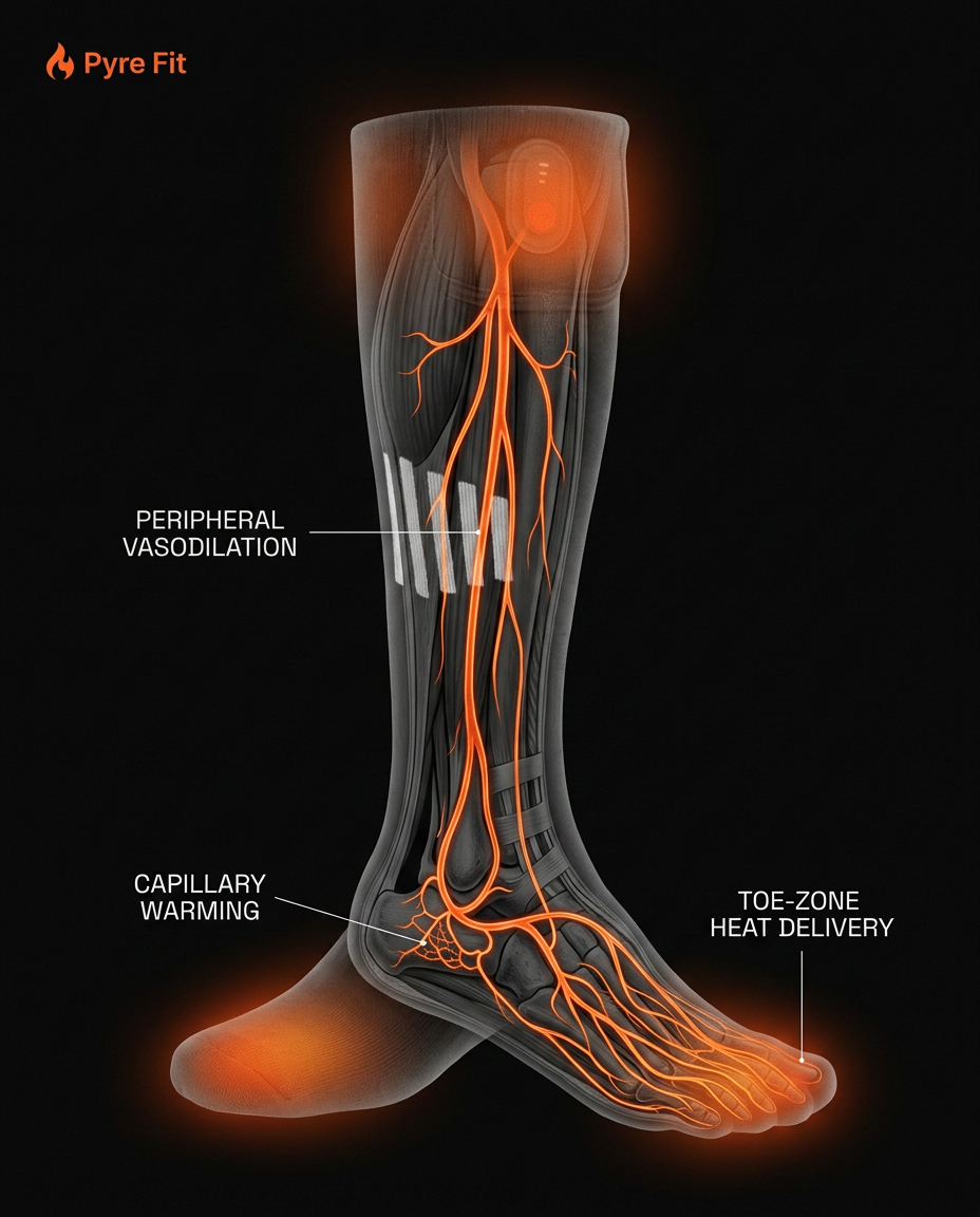 Diagram showing how heated socks boost comfort and toe-zone warmth