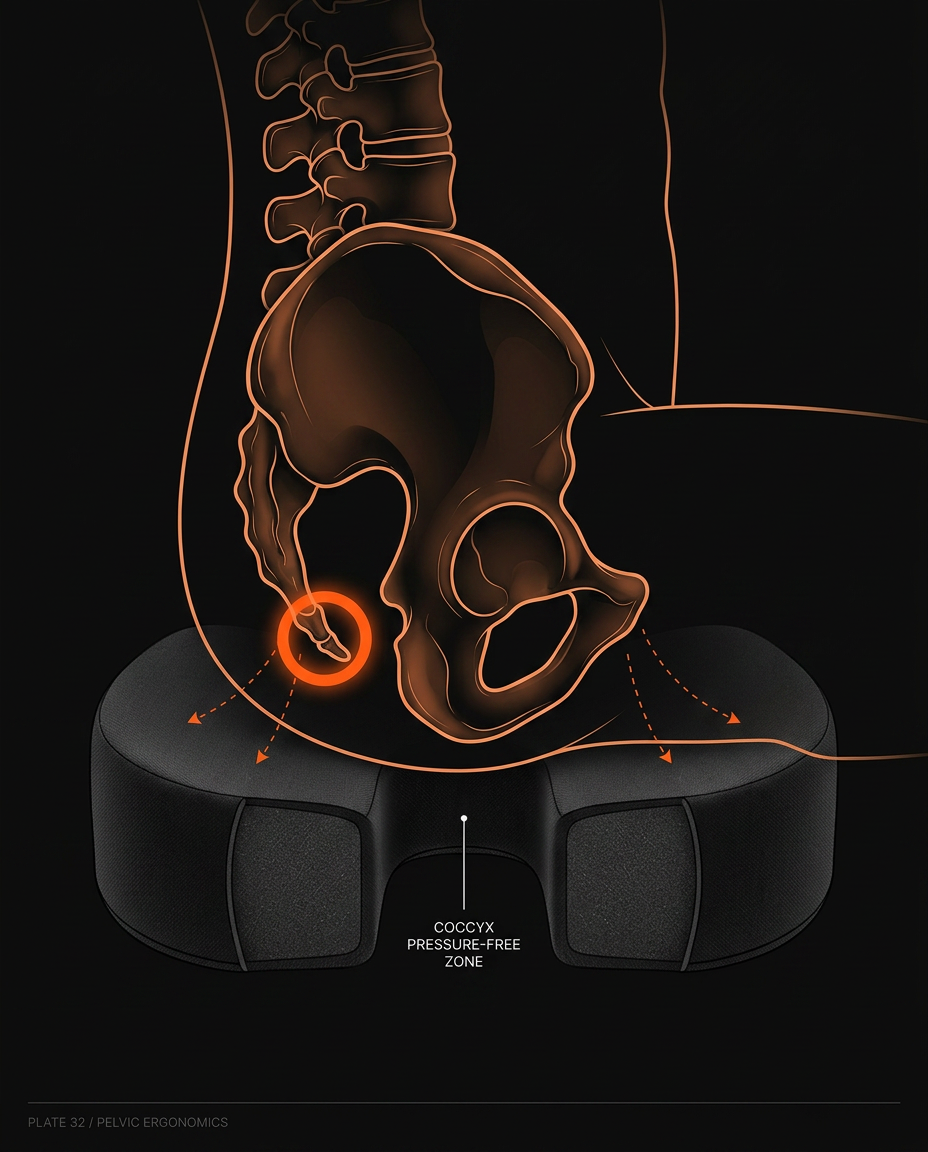 Anatomy diagram showing the coccyx pressure-free zone over the seat cushion