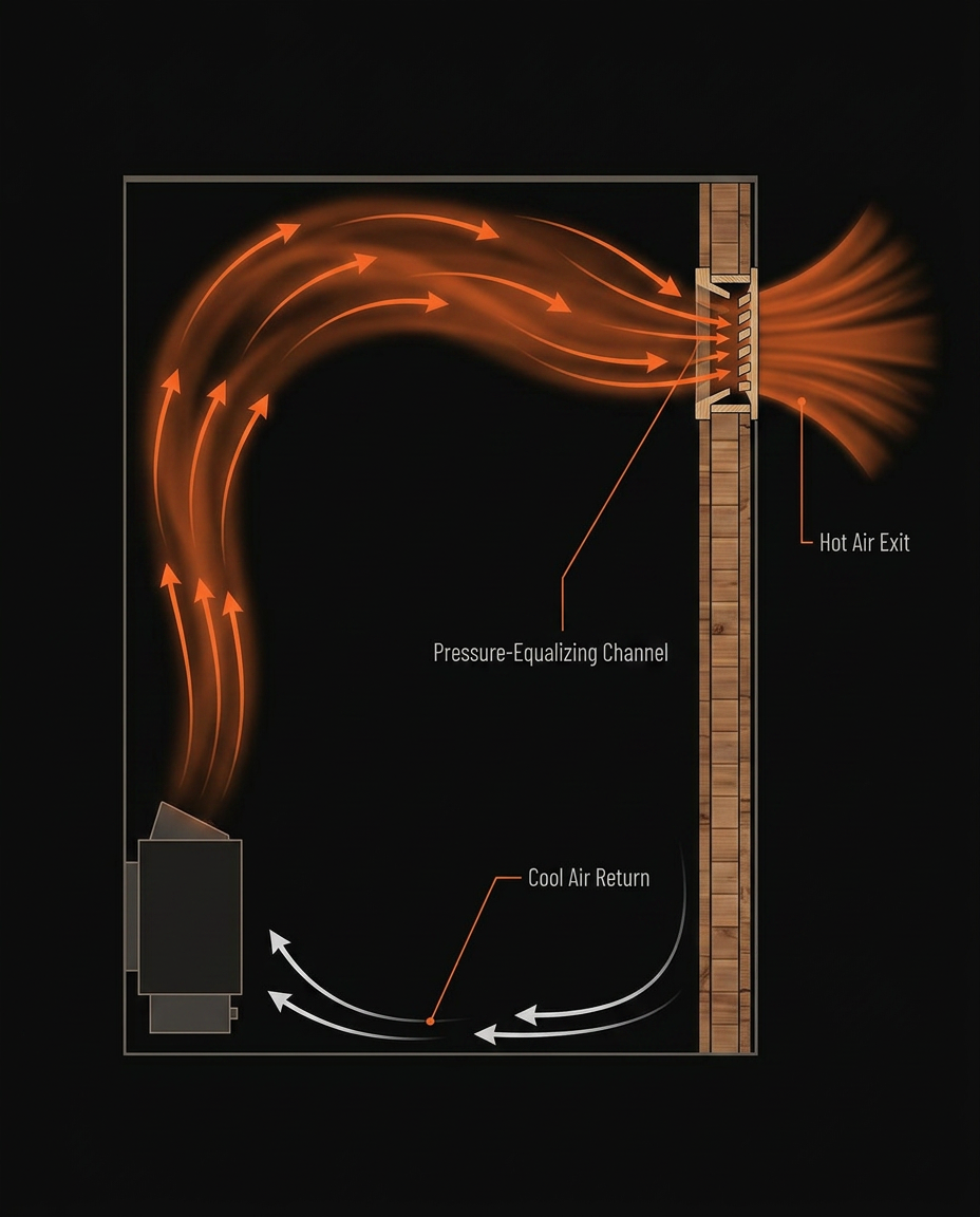 Convection diagram of hot air exiting and cool air returning through the sauna grille