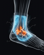 X-ray style diagram of the ankle joint showing cryo cooling comfort zones