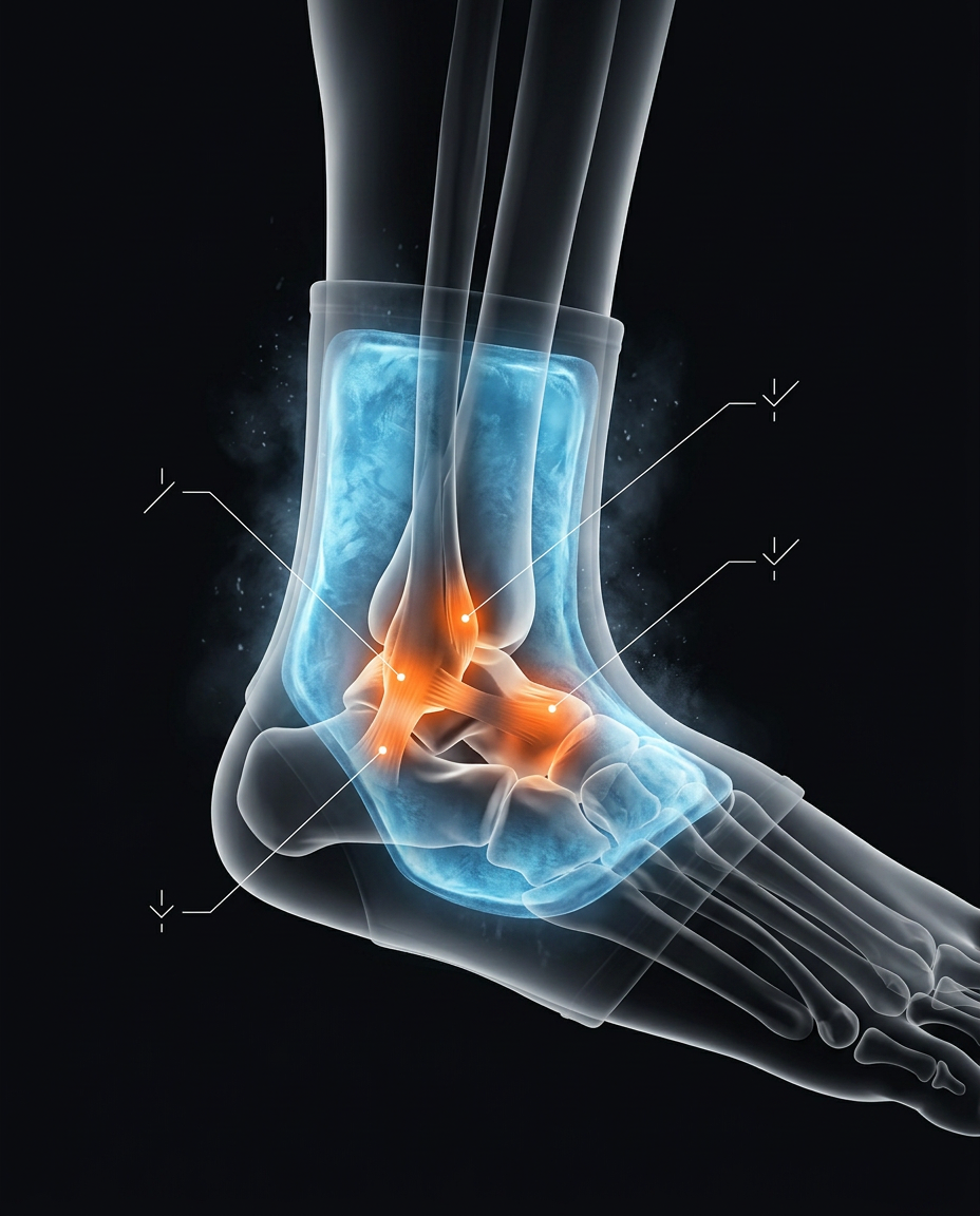 X-ray style diagram of the ankle joint showing cryo cooling comfort zones