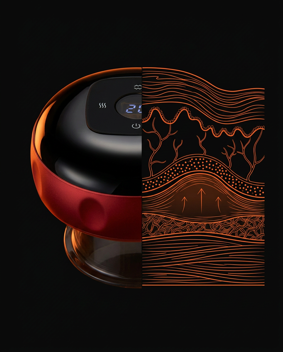 Cross-section graphic showing how the cupping massager lifts skin and tissue