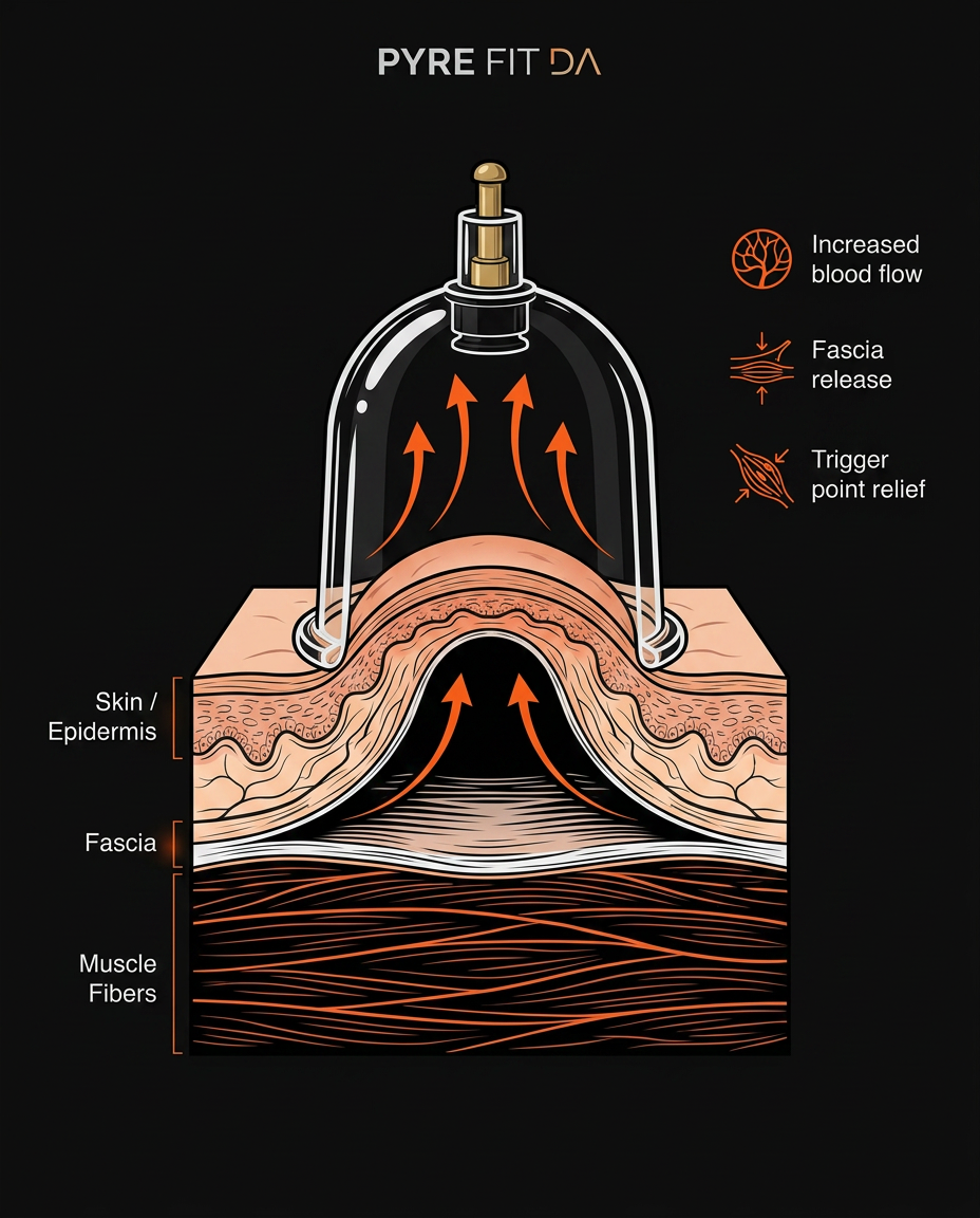 Diagram of a cupping cup relieve pressure skin, fascia and muscle layers
