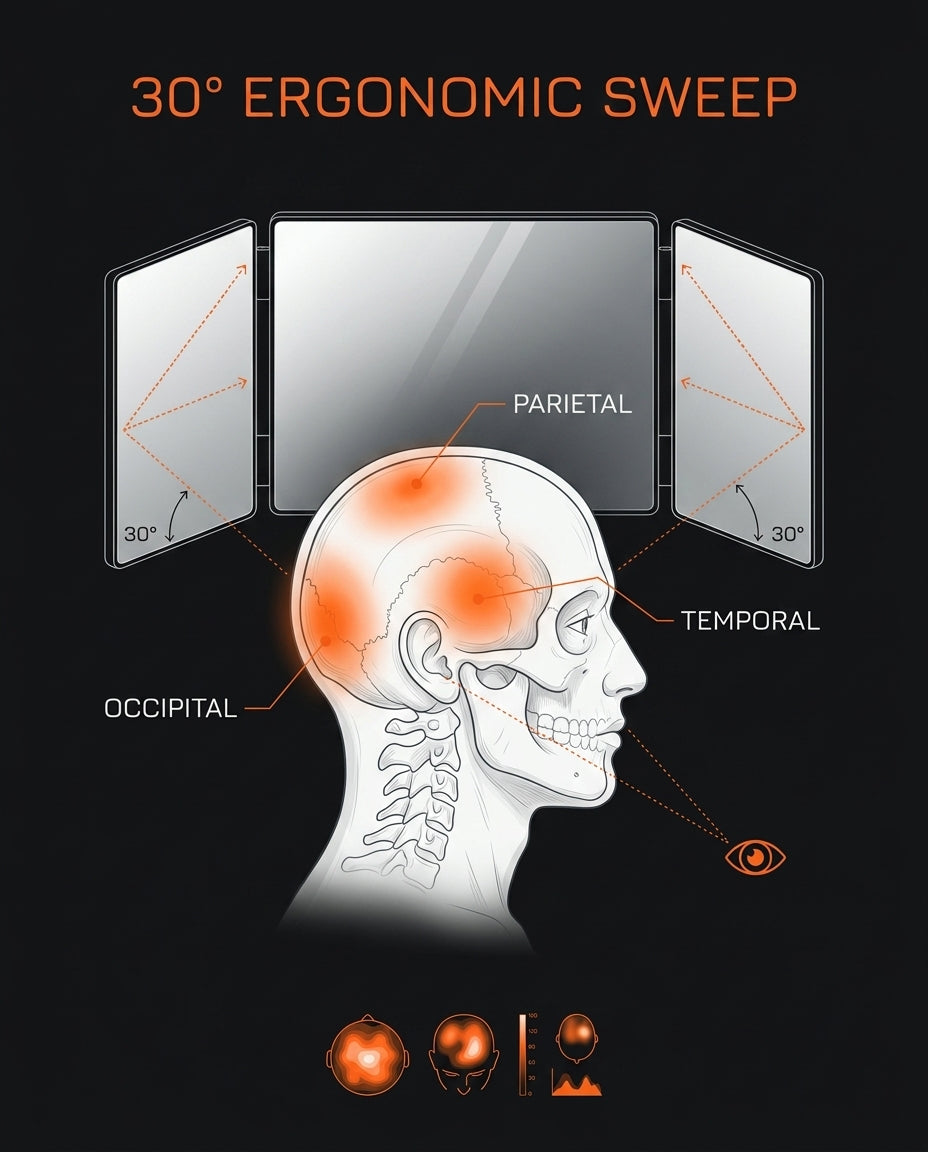 Diagram showing 30-degree side mirrors giving a full view of the head