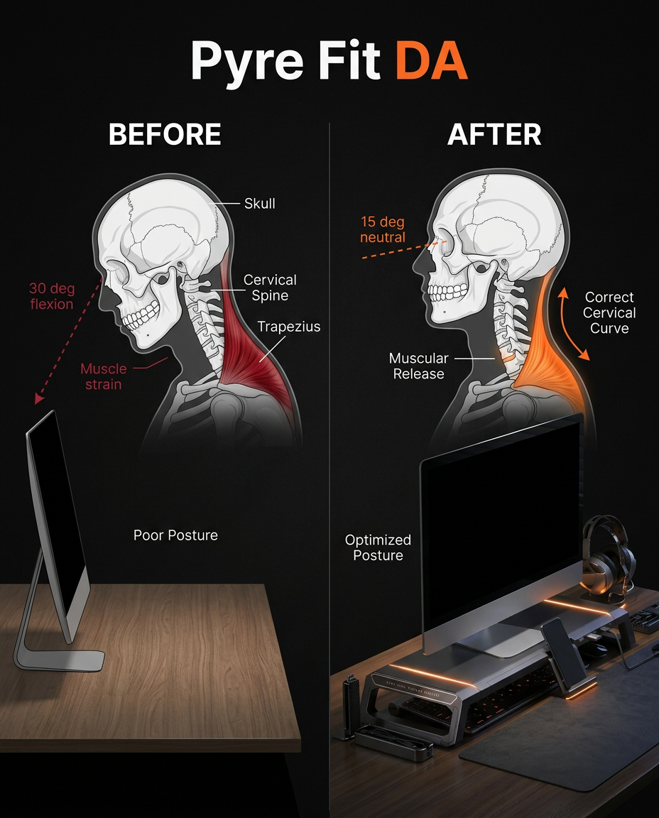 Before-and-after posture diagram showing the monitor stand improving neck alignment