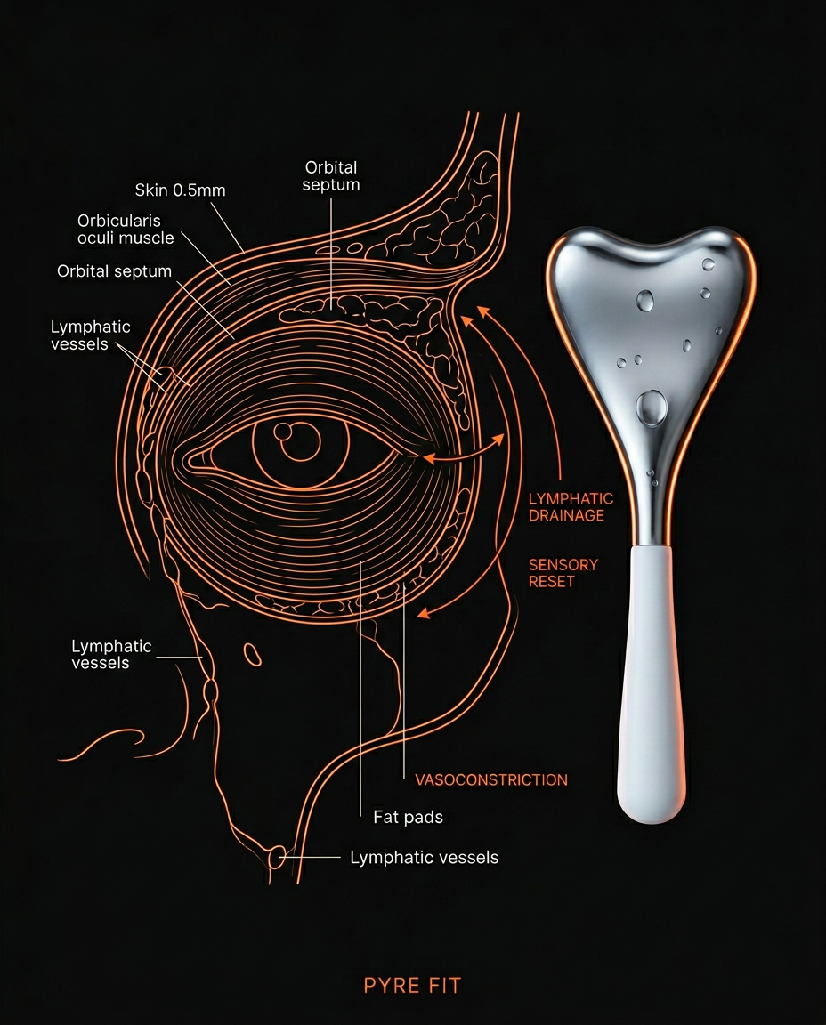 Eye anatomy diagram showing gentle vessels and vasoconstriction beside cooling tool