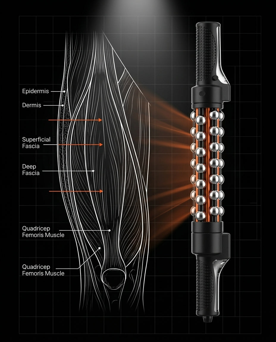 Diagram of muscle fascia layers beside the roller illustrating fascial release