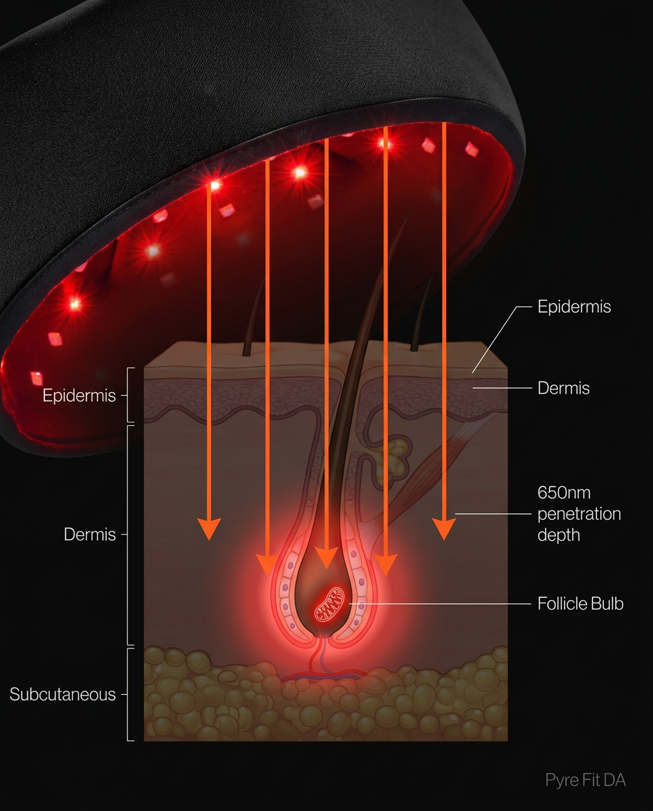 Diagram of red light penetrating the scalp to stimulate the hair follicle