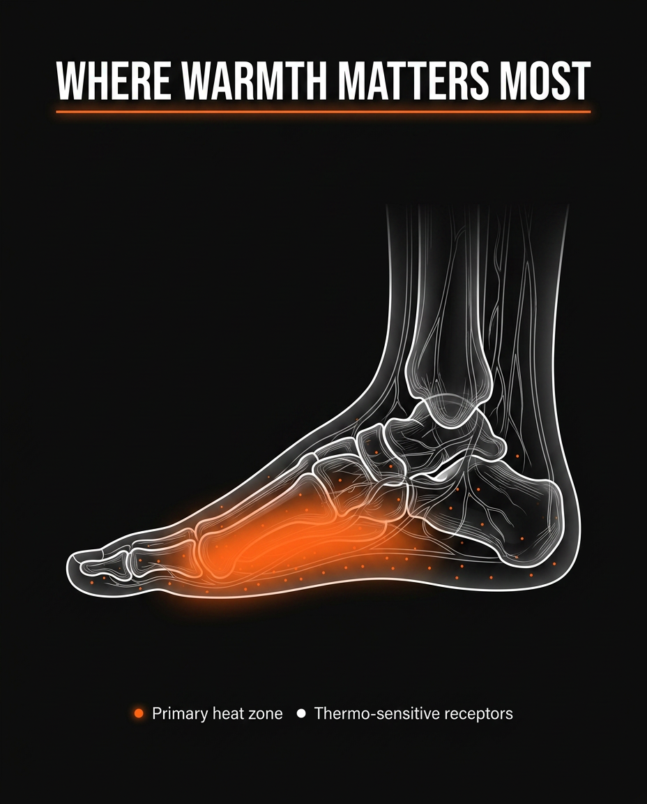 Foot anatomy diagram highlighting the primary heat zone for warming