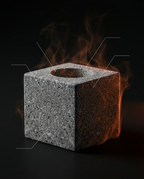 Granite oil holder cube wreathed in flame illustrating its heat resistance