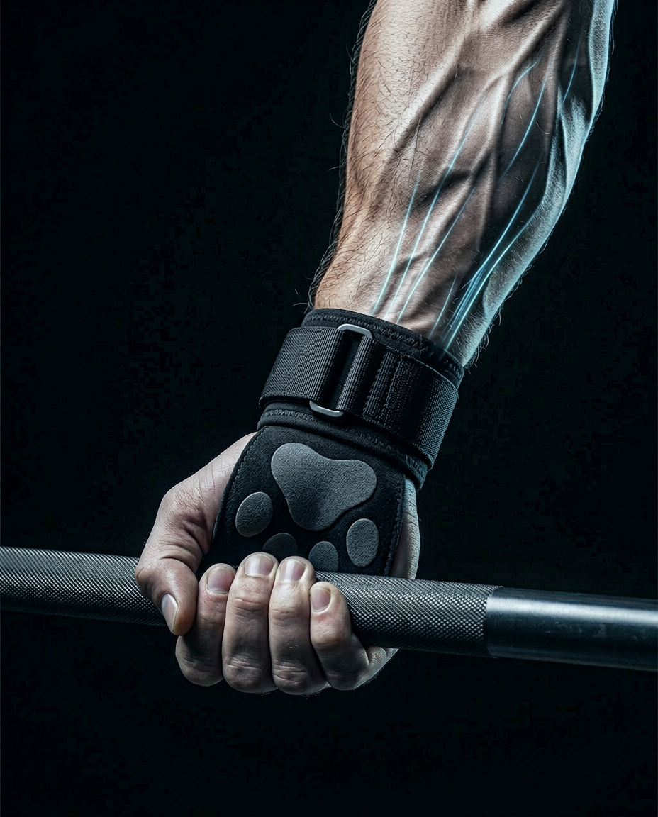 Forearm with muscle overlay gripping a barbell in the black paw strap