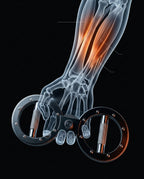 X-ray style forearm gripping the trainer with glowing muscles and tendons
