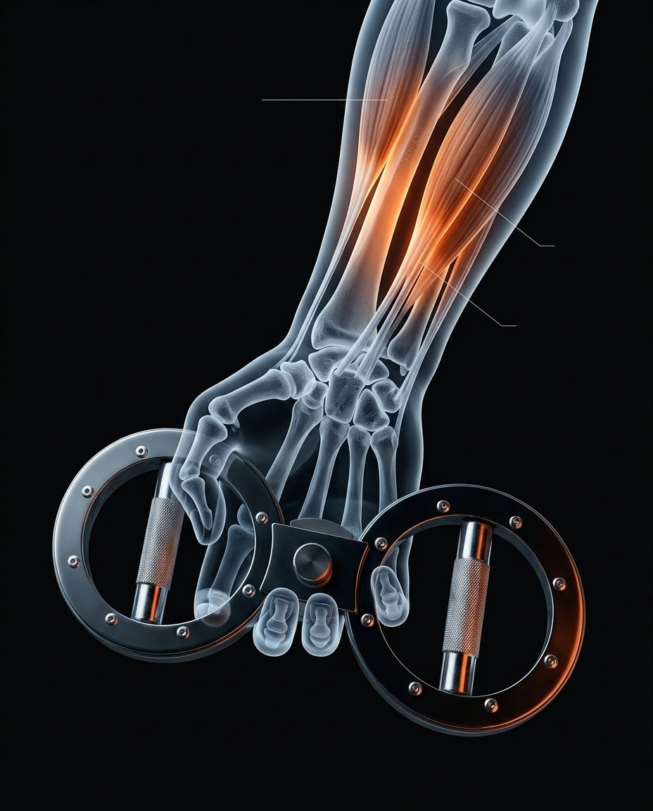 X-ray style forearm gripping the trainer with glowing muscles and tendons