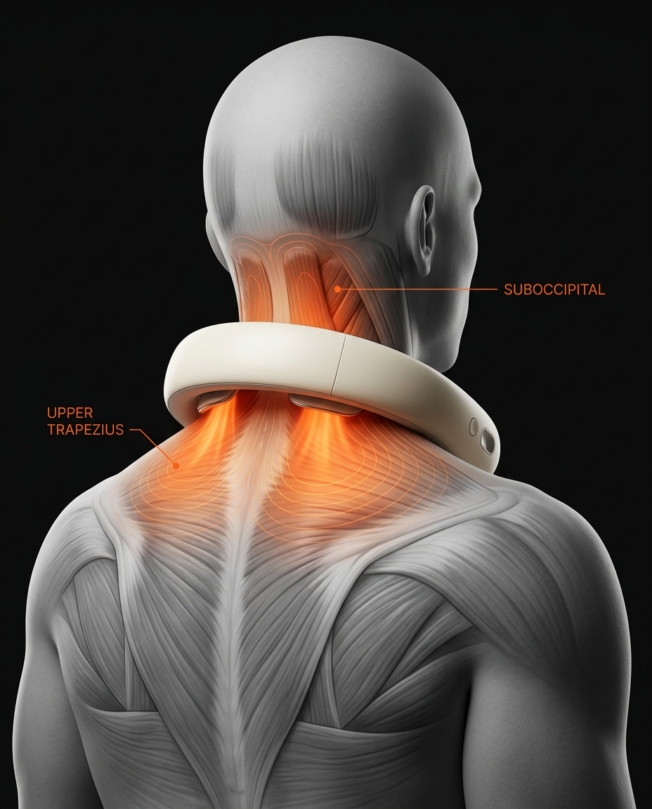 Anatomy diagram of neck massager heating upper trapezius muscles