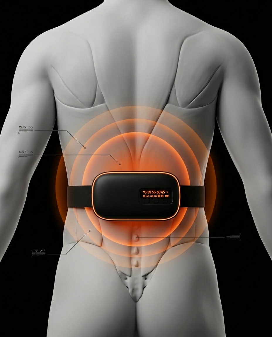 Diagram of the belt's heat radiating across the lower back muscles