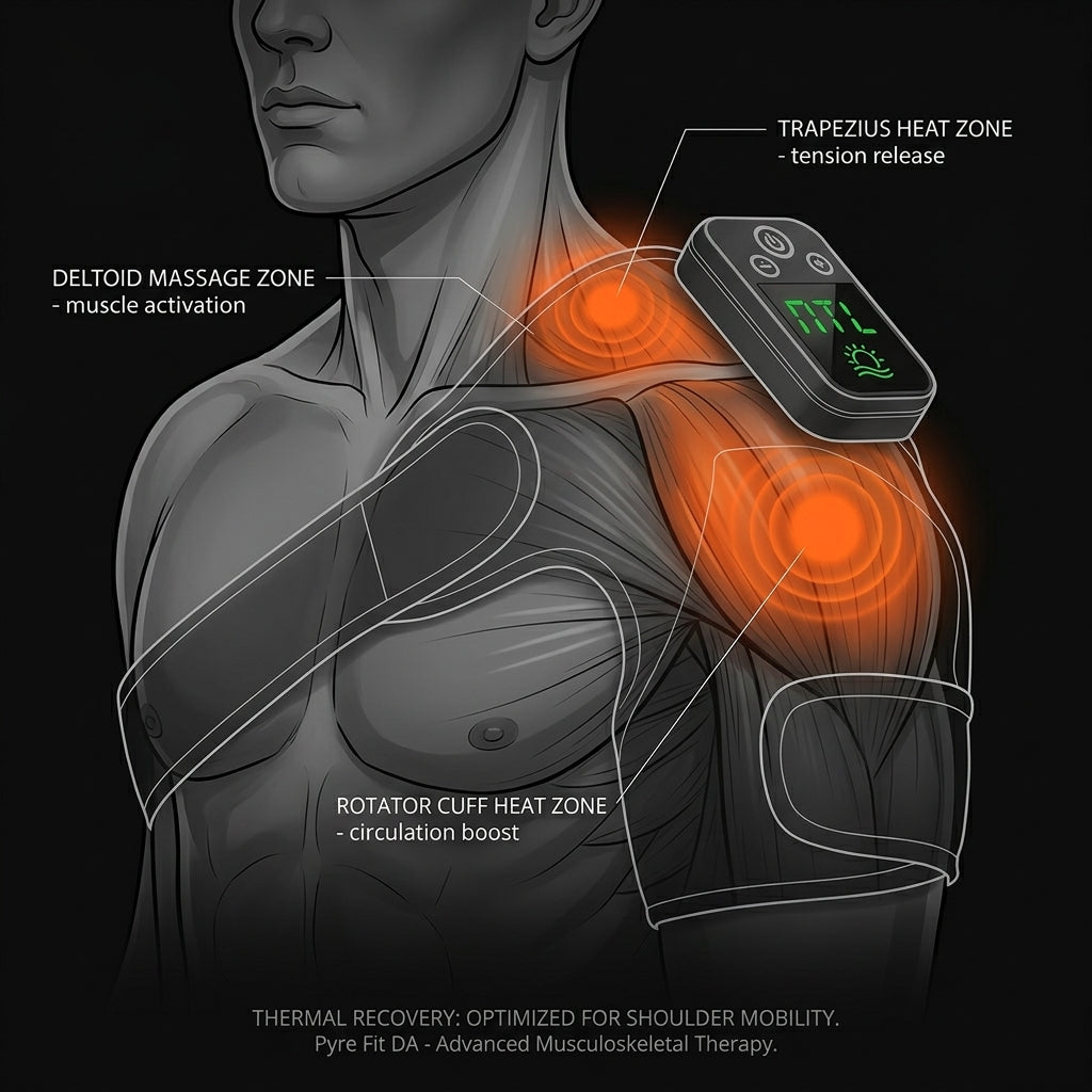 Anatomy diagram showing shoulder wrap heat zones for muscle recovery