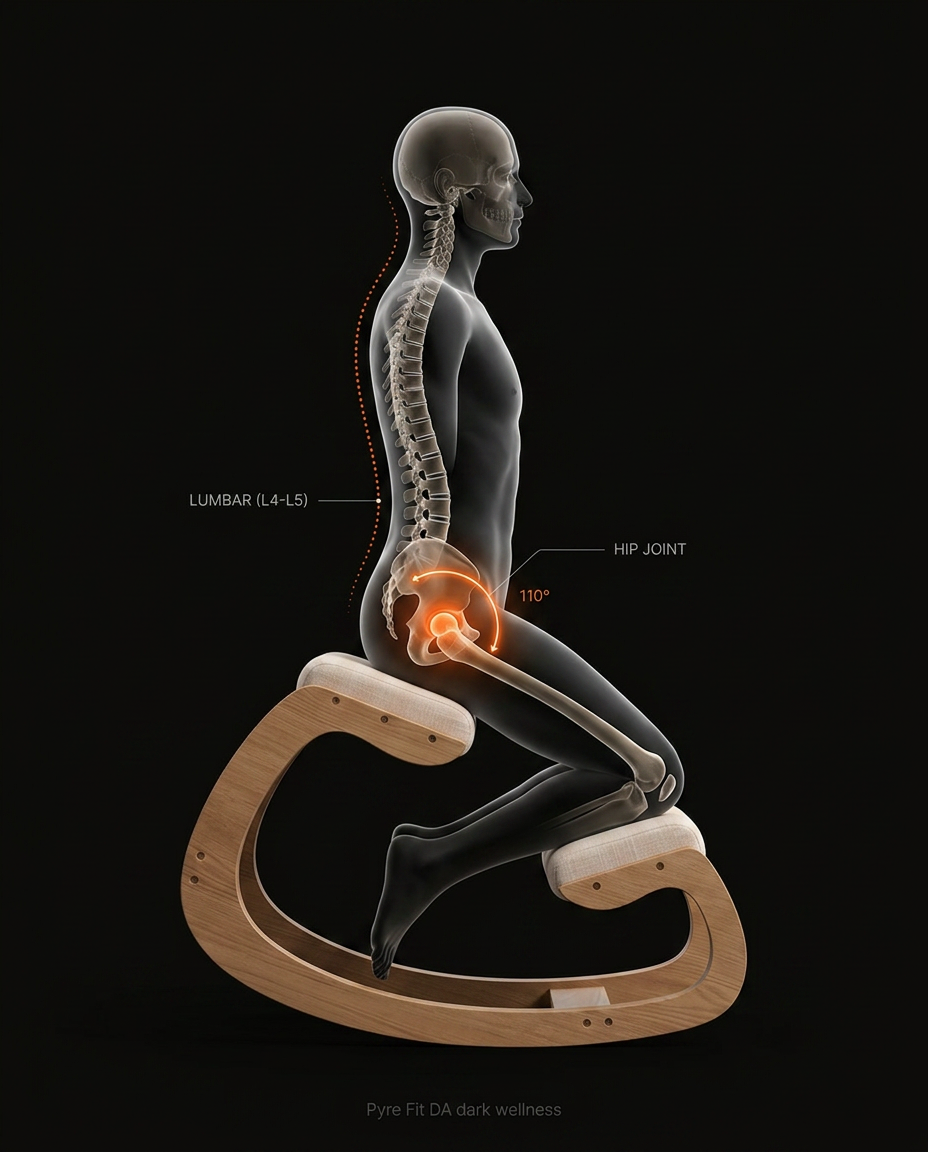 Anatomy diagram showing the open hip angle posture on the kneeling chair