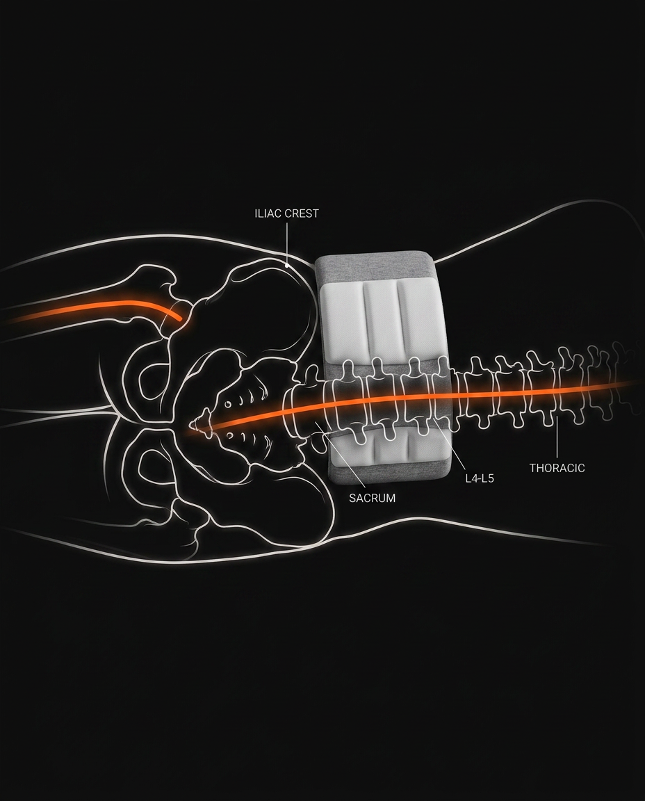 Anatomy diagram of the lumbar cushion supporting the hip and spine chain