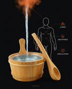 Hydrotherapy diagram showing sauna steam benefiting lungs, skin pores and comfort