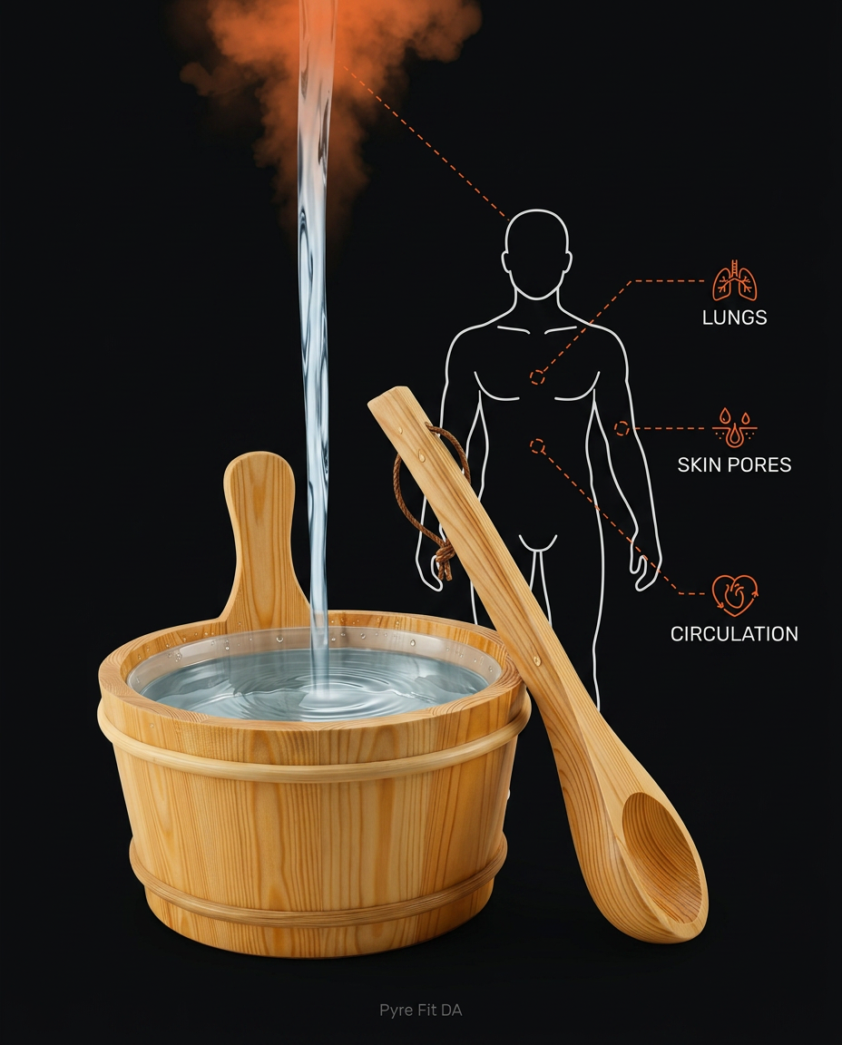 Hydrotherapy diagram showing sauna steam benefiting lungs, skin pores and comfort