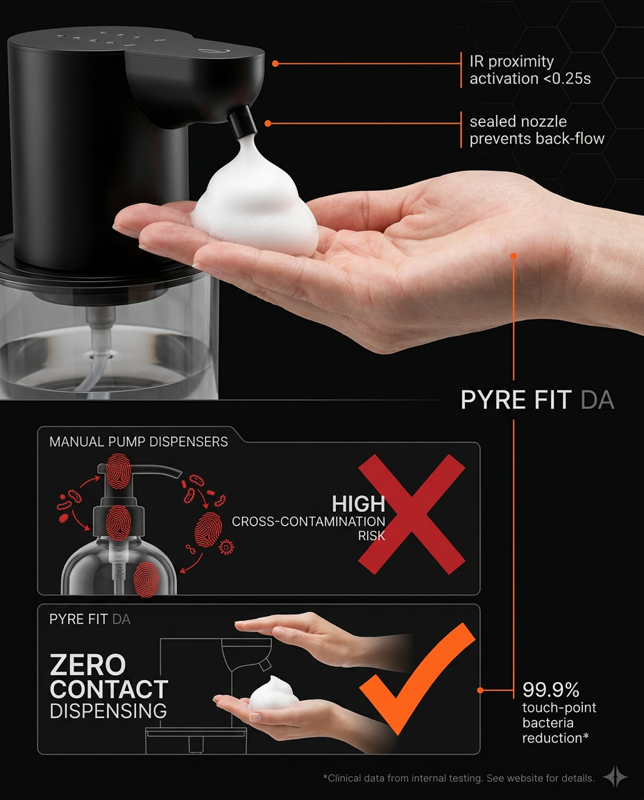Comparison graphic: manual pump cross-contamination versus zero-contact foam