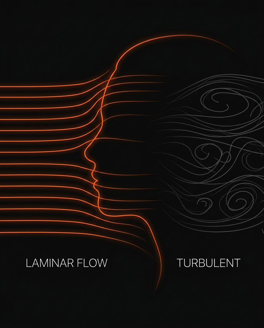 Diagram contrasting smooth laminar airflow with turbulent air on a face