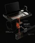 Cutaway of the bedside tray clamp showing reinforcement ribs and load capacity