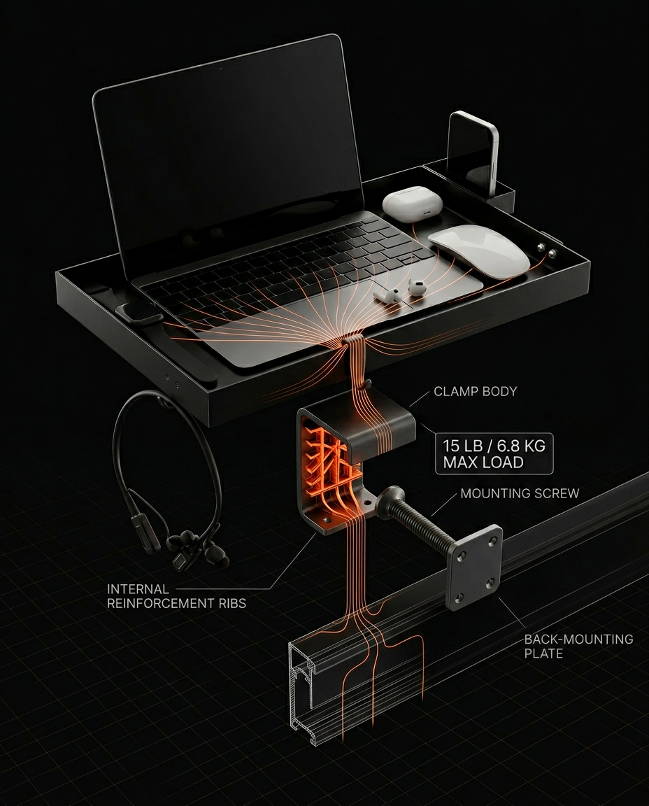 Cutaway of the bedside tray clamp showing reinforcement ribs and load capacity