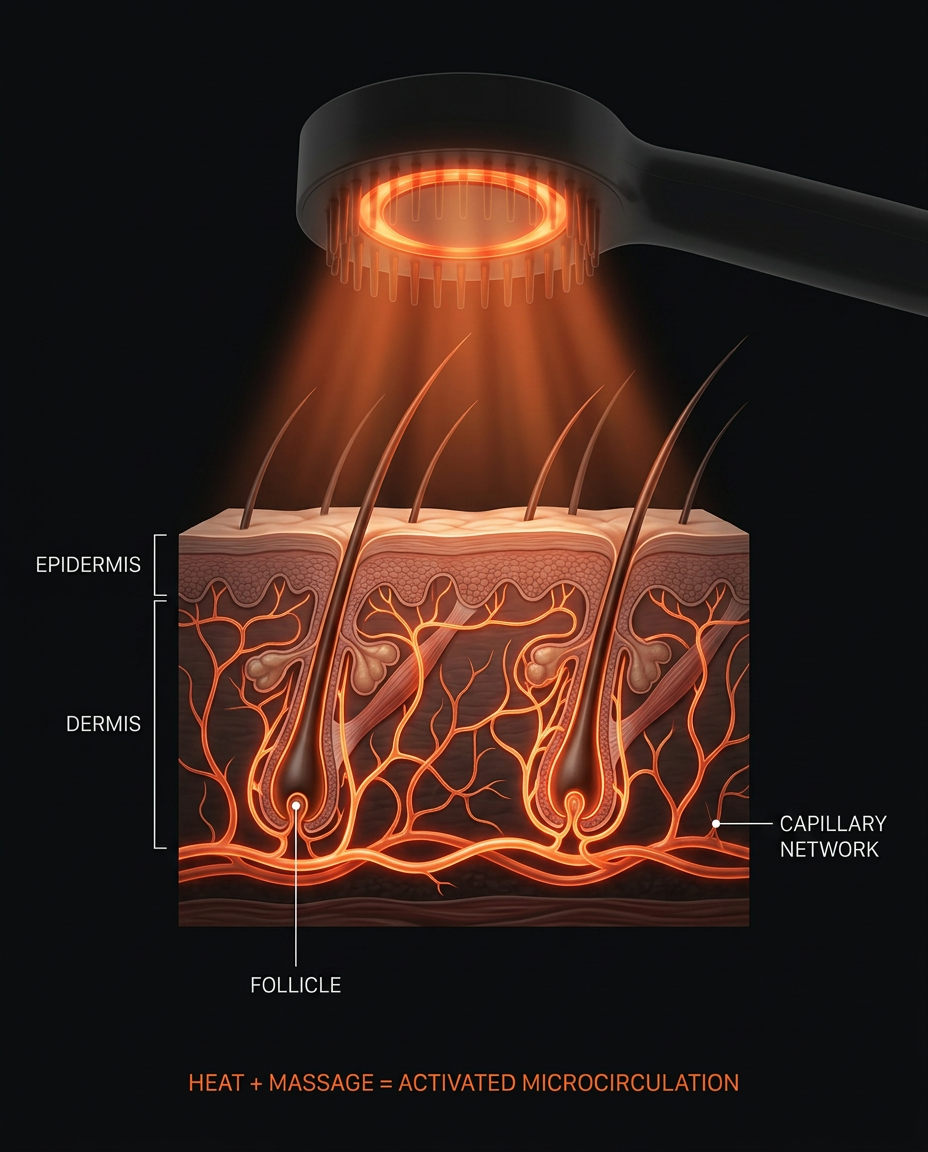 Diagram showing heat and massage boosting scalp warmth