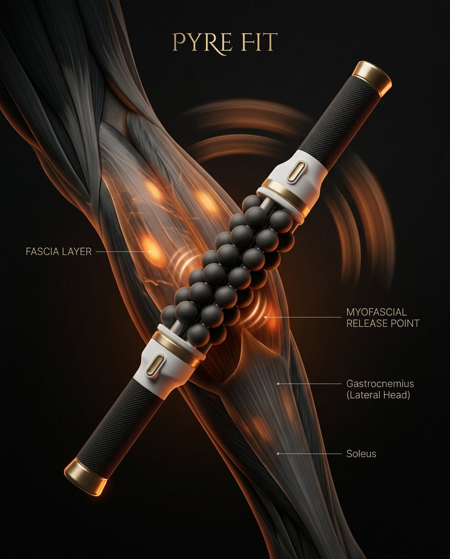Diagram of the massage stick releasing fascia layers of the calf muscle