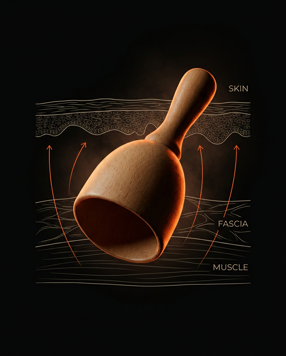 Diagram of massage cup lifting skin and fascia above muscle layers