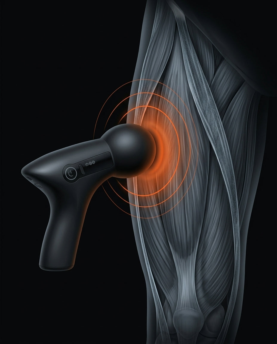 Anatomy diagram of the massage gun sending percussion waves into muscle fascia
