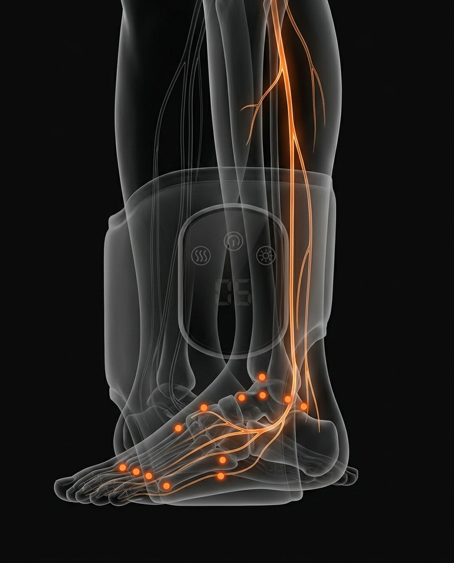 Anatomy diagram of foot and ankle nerves and pressure points with the wrap