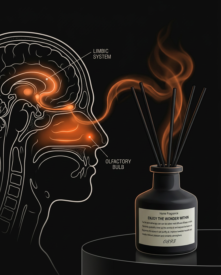 Diagram of diffuser scent reaching the olfactory bulb and limbic system