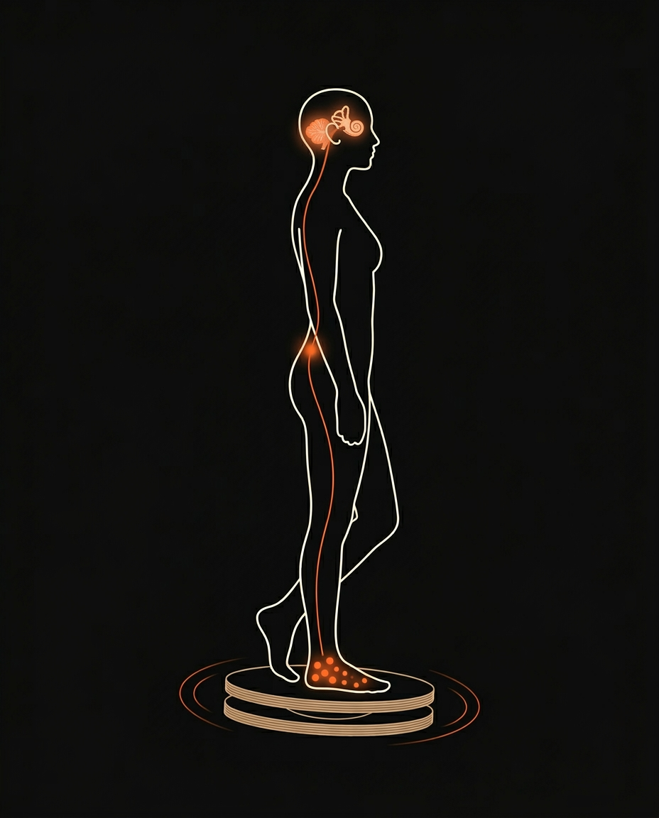 Diagram of full-body neuromuscular balance while standing on the rotation board