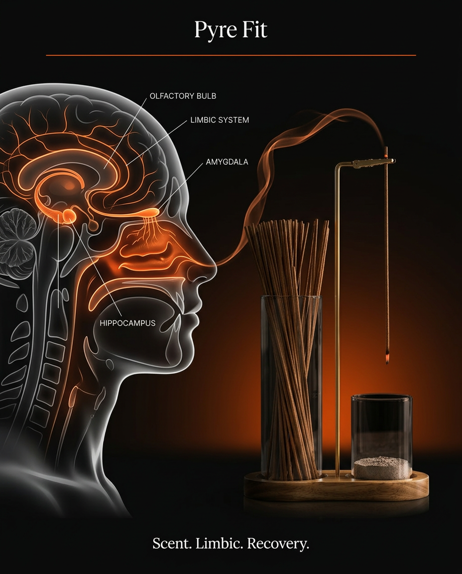 Diagram showing how incense scent reaches the olfactory bulb and limbic system