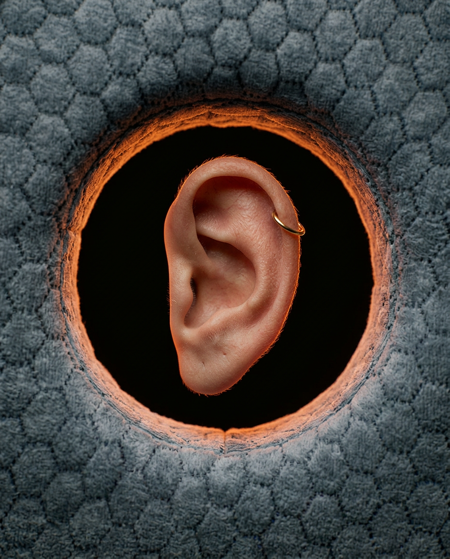 Pierced ear framed in the pillow cavity illustrating gentle piercing healing