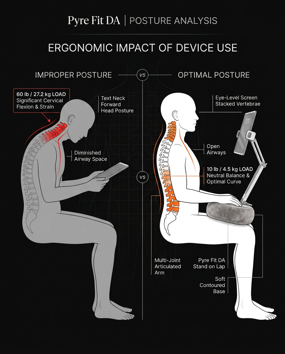Posture diagram comparing improper neck strain to optimal eye-level use of the stand